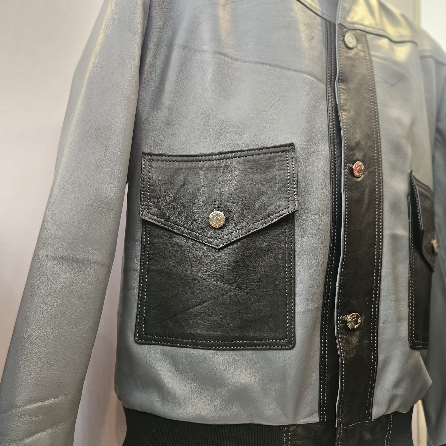 Men's Two-Tone Gray and Black Leather Bomber Jacket