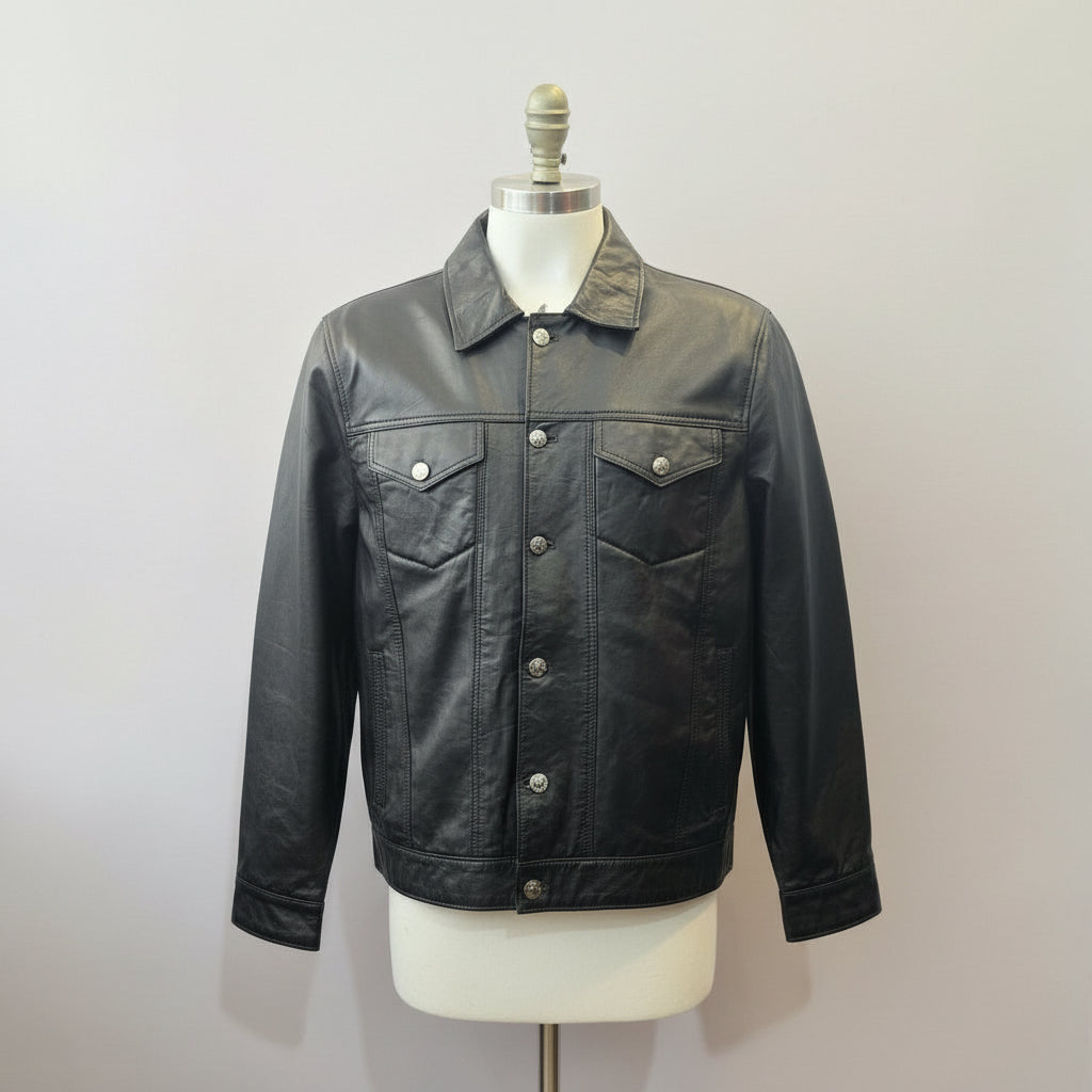 Men's Classic Black Leather Trucker Jacket.