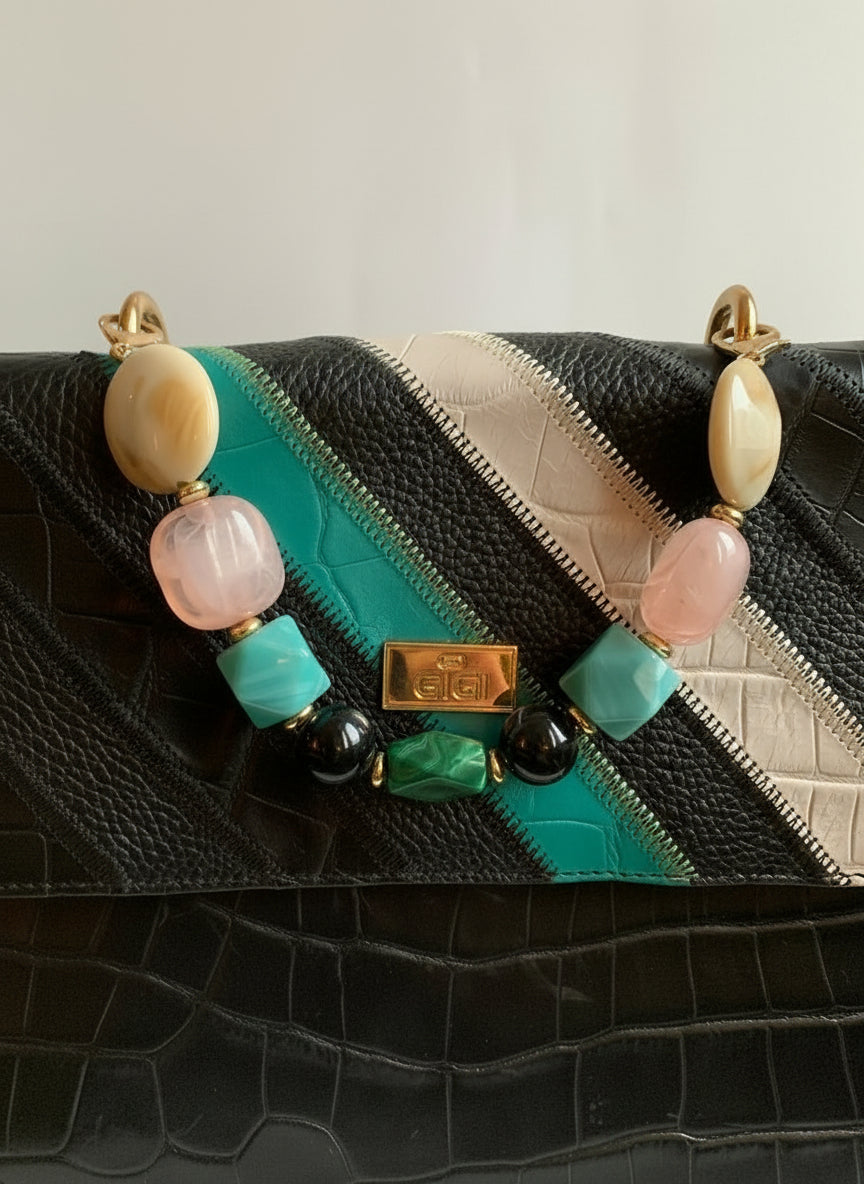 Black Handbag with Colorful Beaded Handle