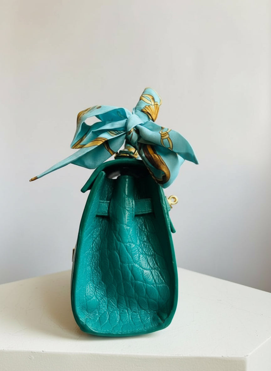 green crocodile-embossed top handle bag