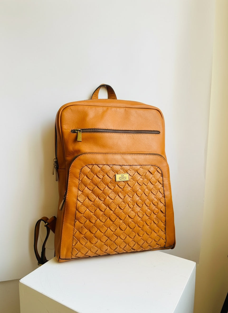 Gigi Tan Leather Woven Backpack