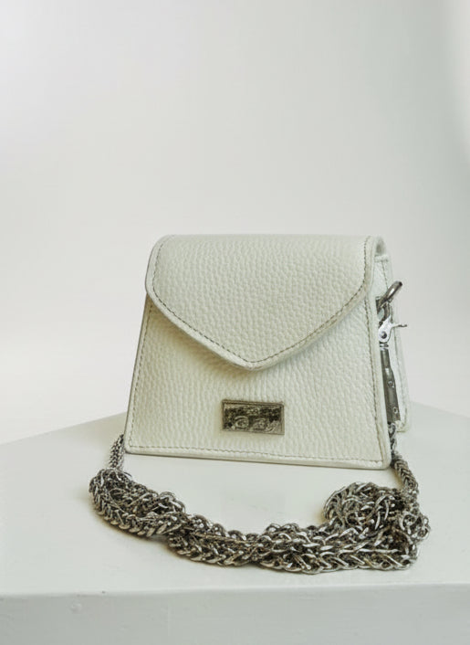 Mini white and green a flap bag with a silver-tone chunky chain strap