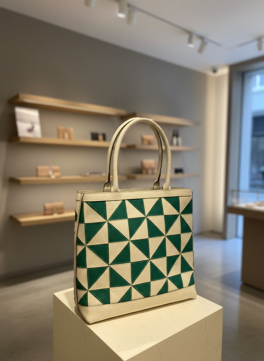 Geometric Green and Cream Leather Tote Bag