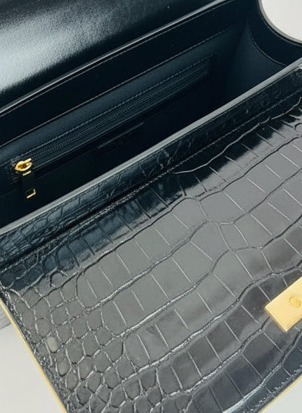 Black Crocodile-Embossed Handbag with Beaded Handle