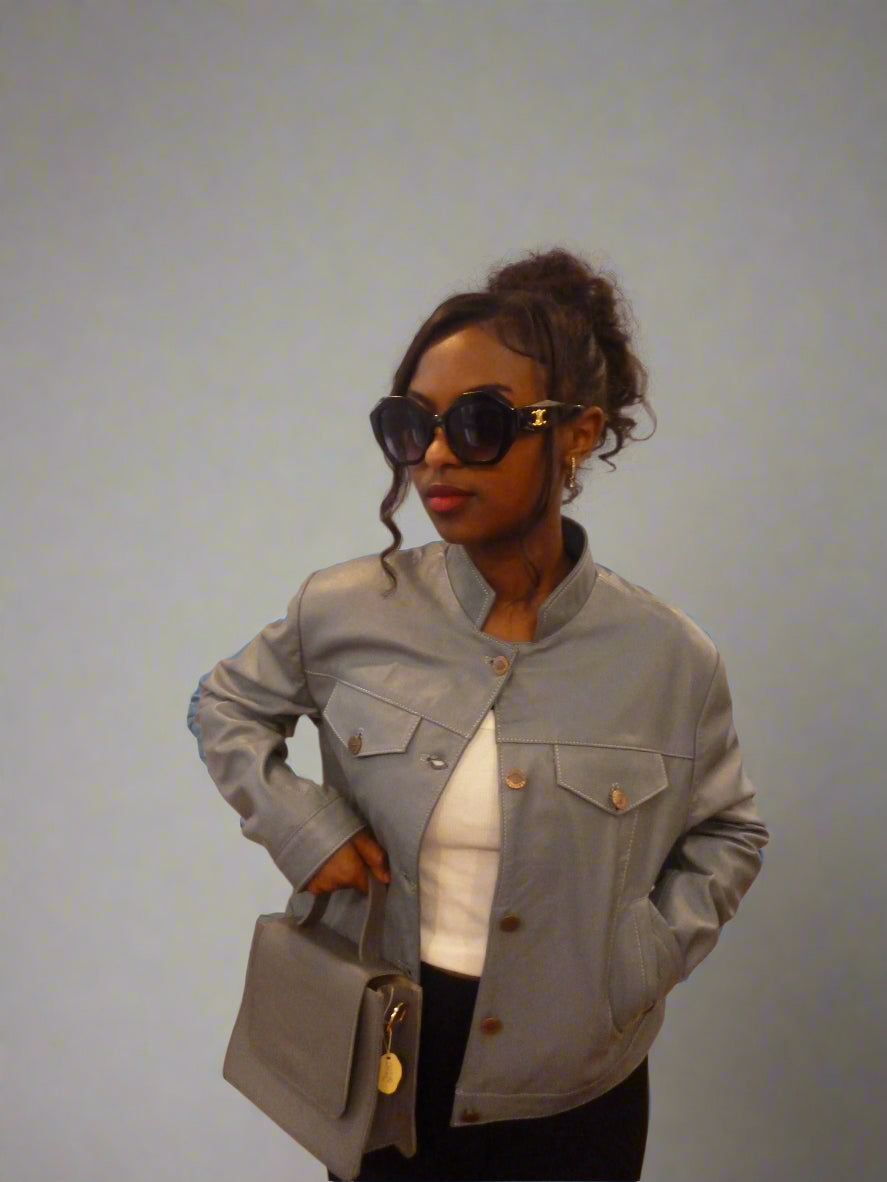 Women's Black Leather Jacket – Elegant Black Jacket with White Thread Stitching