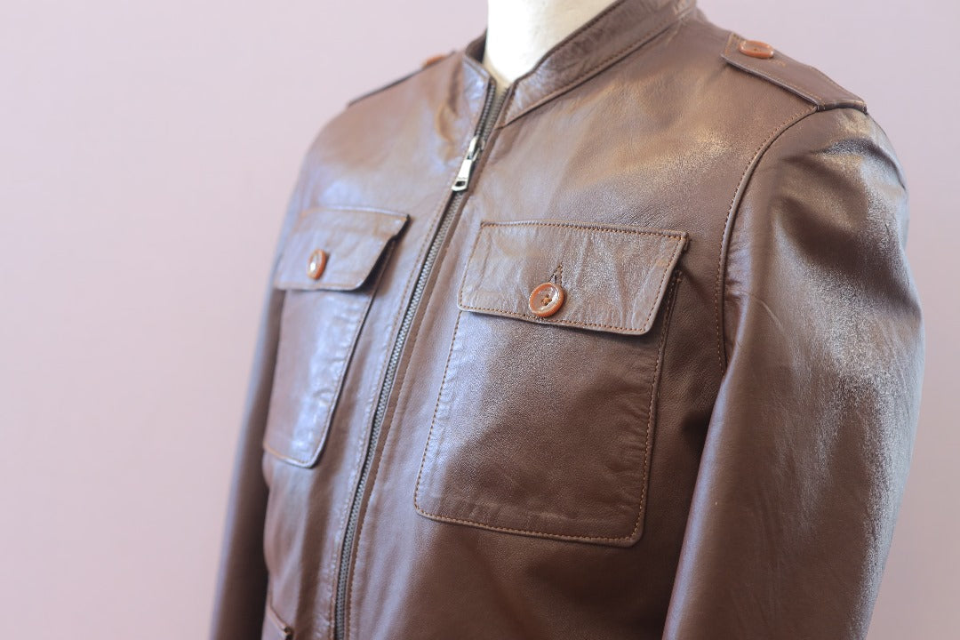 Brown Military-Inspired Leather Jacket