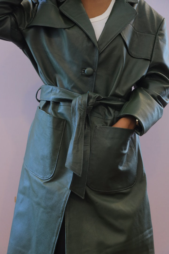Emerald Elegance Belted Leather Trench Coat – Luxury Outerwear for All Seasons