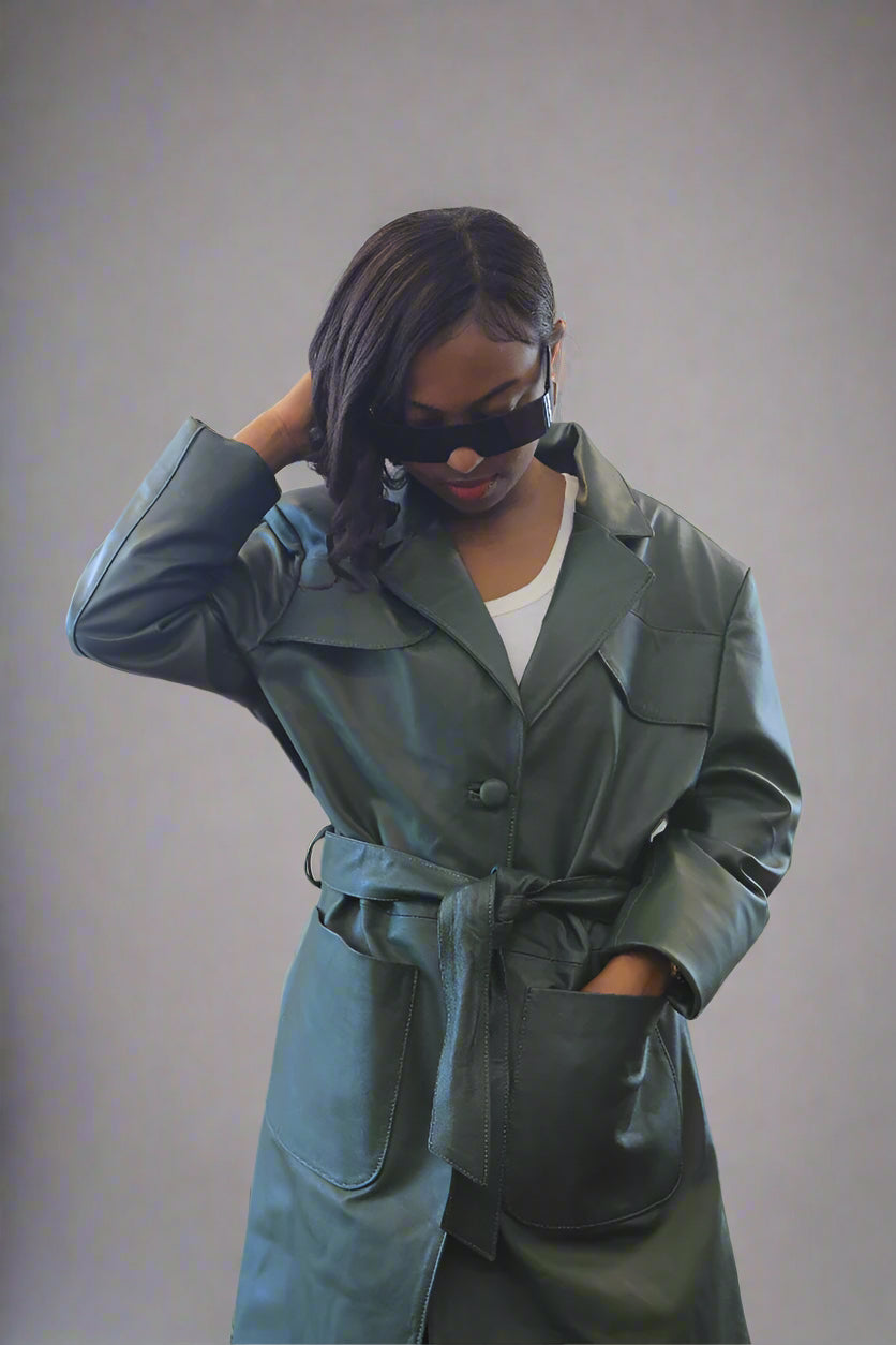 Emerald Elegance Belted Leather Trench Coat – Luxury Outerwear for All Seasons