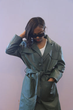 Emerald Elegance Belted Leather Trench Coat