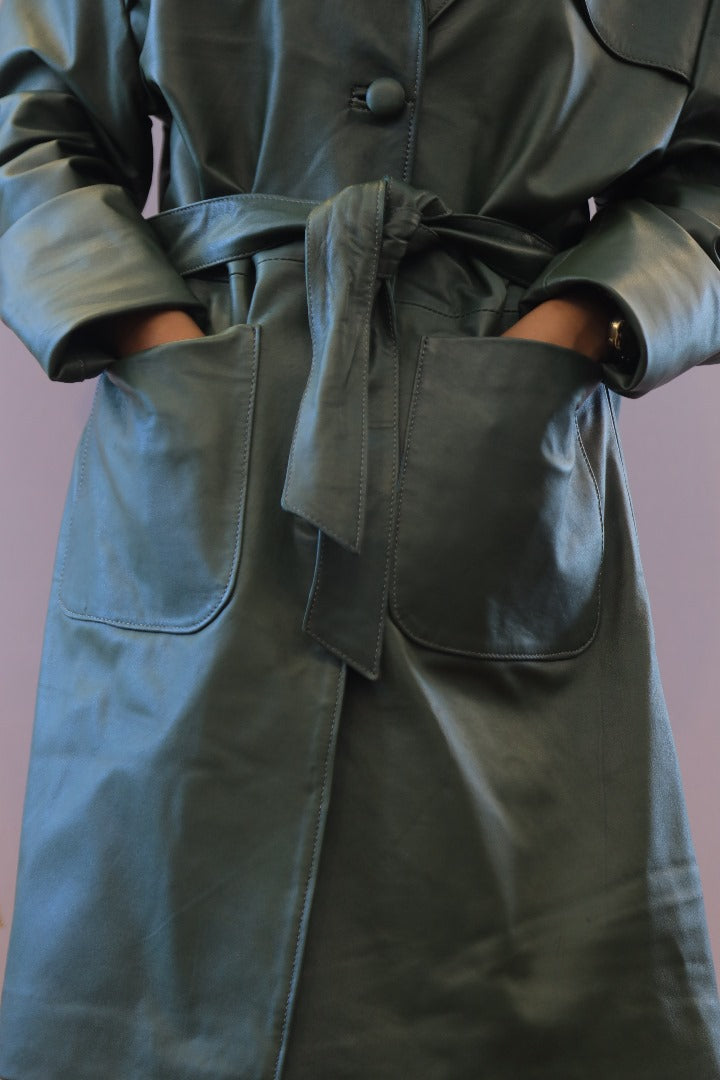 Emerald Elegance Belted Leather Trench Coat – Luxury Outerwear for All Seasons