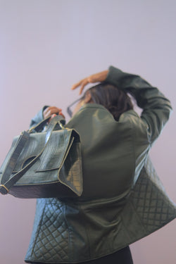 Croc-Embossed Green Leather Handbag