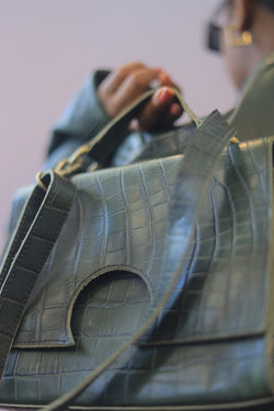 Croc-Embossed Green Leather Handbag