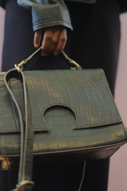 Croc-Embossed Green Leather Handbag