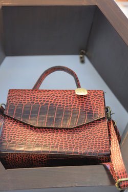 Red Crocodile-Pattern Leather Handbag