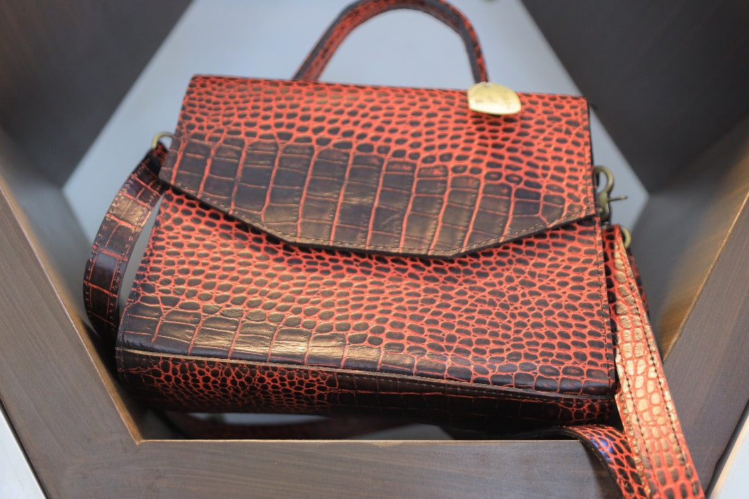 Red Crocodile-Pattern Leather Handbag