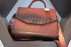 Red Crocodile-Pattern Leather Handbag