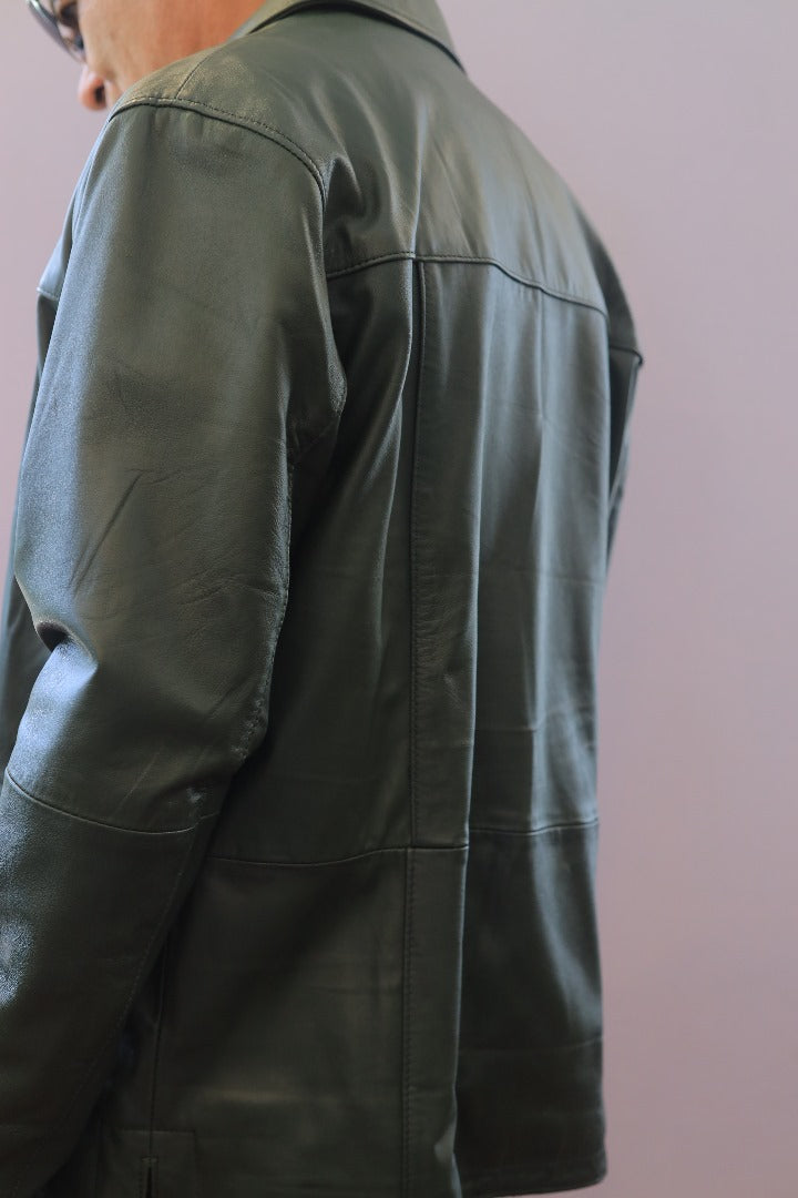 Classic Green Button-Up Leather Jacket