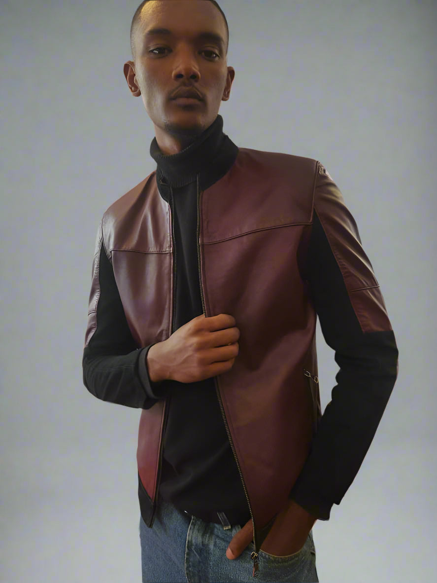 Men’s Burgundy Leather Jacket with Suede Sleeves – Classic & Elegant Design