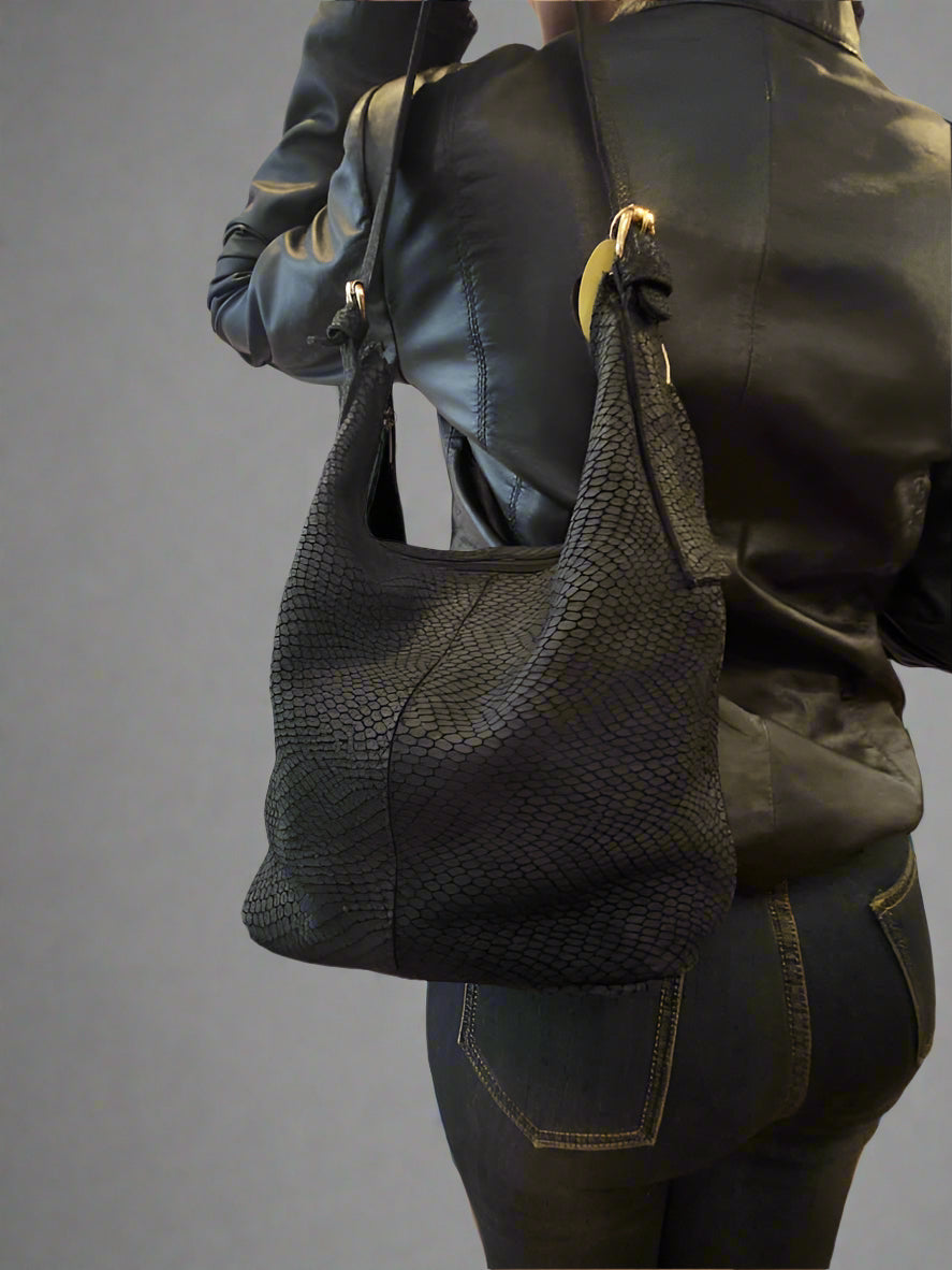Women's Satchel Bag – Black Suede Leather Satchel with Reptile Design Pattern