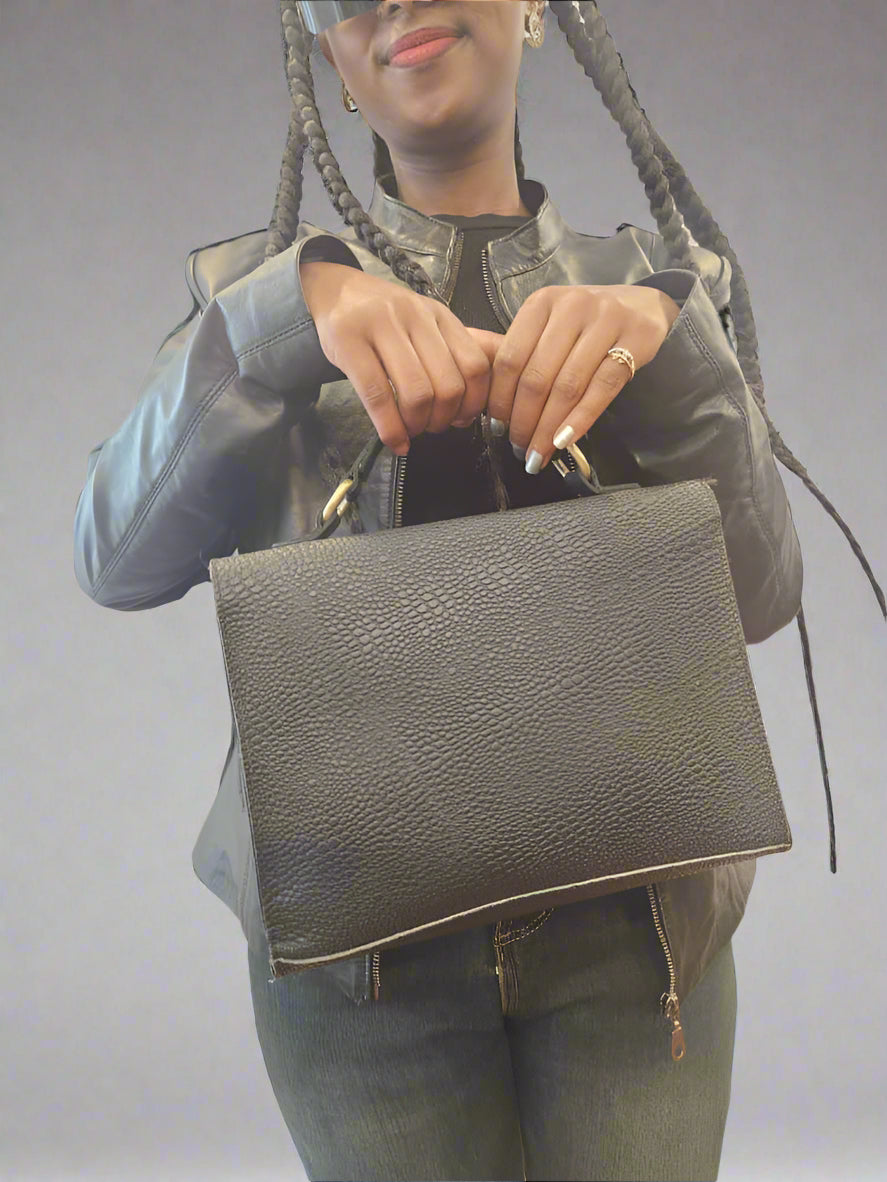 Ladies Frame Bag – Elegant & Timeless Handcrafted Textured Black Leather Bag with Gold Accents
